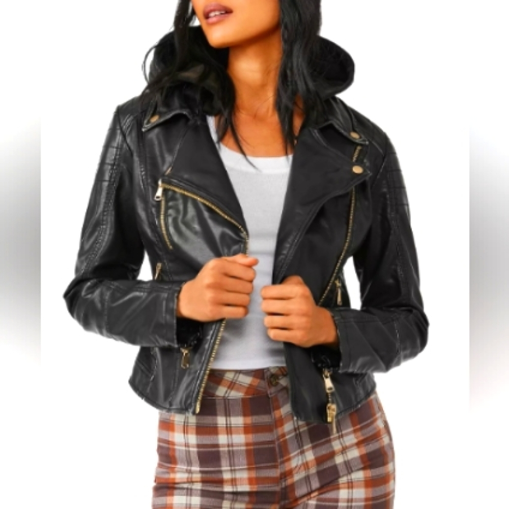 Free People We The Free Harriet Vegan Leather Hooded Moto Jacket in Black Size M